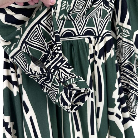 PatBO Dress Size 0 V-Neck Fit Flare Fringe Trim Emerald Green Ivory Print - Picture 11 of 16